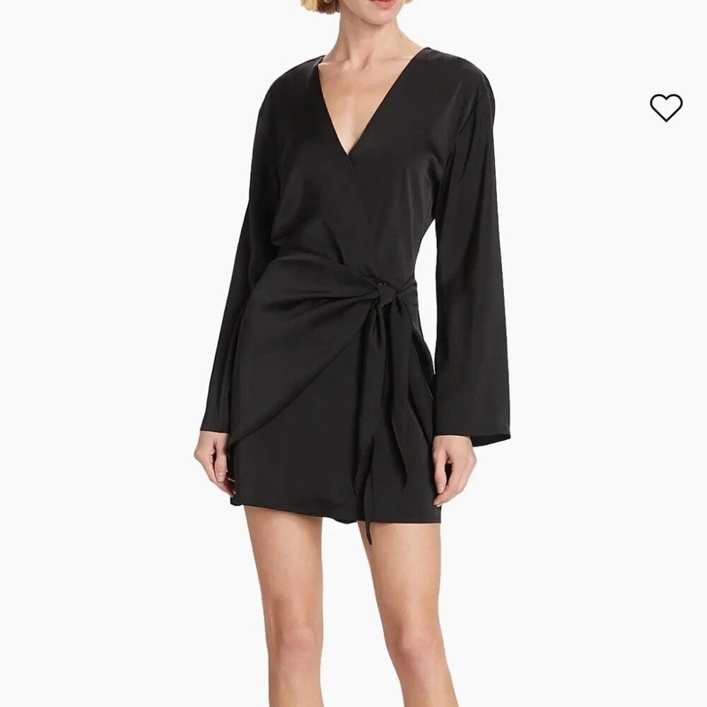 WAYF Black Satin "Sally" Wrap Long Sleeve Wrap Dress Sz XS NWOT   MSRP$128